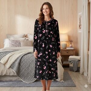 Aria Collection Womens Size Large Nightgown Black Pink Floral Velour Long Sleeve